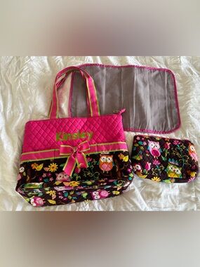 N. Gil quilted diaper bag owl pink "Kinsley" embroidery monogram